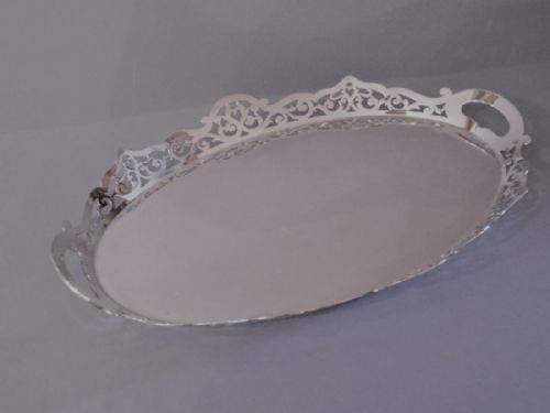 large antique solid silver galleried tray - CATEGORY: ANTIQUE SILVER - DATED 1920