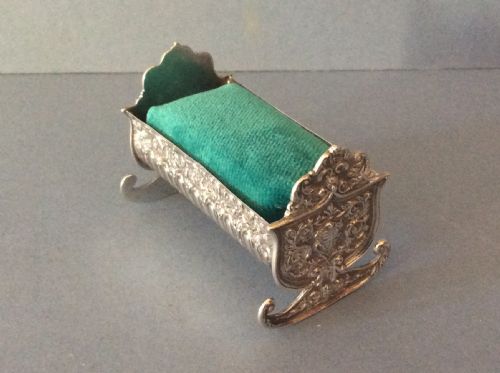 ANTIQUE SOLID SILVER CRADLE CRIB PIN CUSHION - ADDITIONAL PHOTO 4