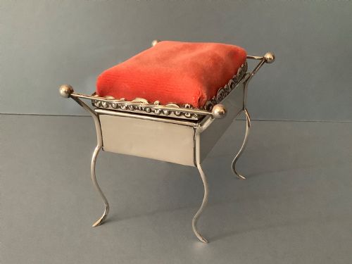 ANTIQUE SILVER NOVELTY PIANO STOOL PIN CUSHION TRINKET BOX - ADDITIONAL PHOTO 1