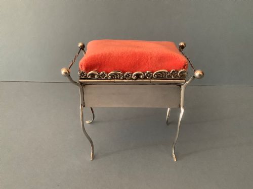 ANTIQUE SILVER NOVELTY PIANO STOOL PIN CUSHION TRINKET BOX - ADDITIONAL PHOTO 2
