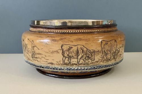 doulton lambeth hannah barlow salad bowl with silver rim - CATEGORY: ANTIQUE CERAMICS - DATED VICTORIAN