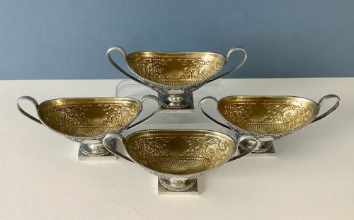 SET OF FOUR ANTIQUE SOLID SILVER PEDESTAL SALTS 1878 - ADDITIONAL PHOTO 1