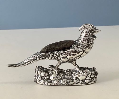 ANTIQUE EDWARDIAN SILVER PHEASANT PIN CUSHION - ADDITIONAL PHOTO 3