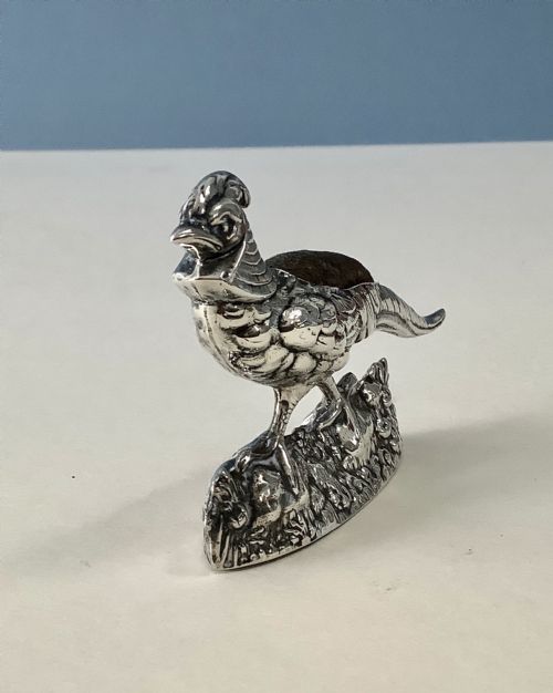 ANTIQUE EDWARDIAN SILVER PHEASANT PIN CUSHION - ADDITIONAL PHOTO 5