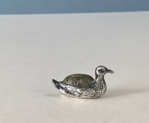 ANTIQUE SILVER MINIATURE DUCK PIN CUSHION