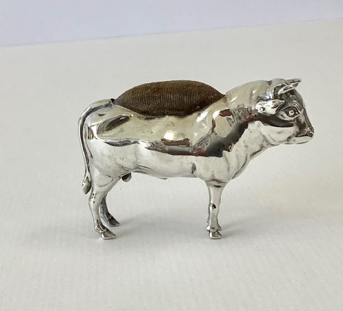 antique solid silver pin cushion bull - CATEGORY: ANTIQUE SILVER - DATED EDWARDIAN