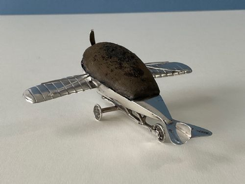 ANTIQUE SILVER NOVELTY PIN CUSHION AEROPLANE - ADDITIONAL PHOTO 2