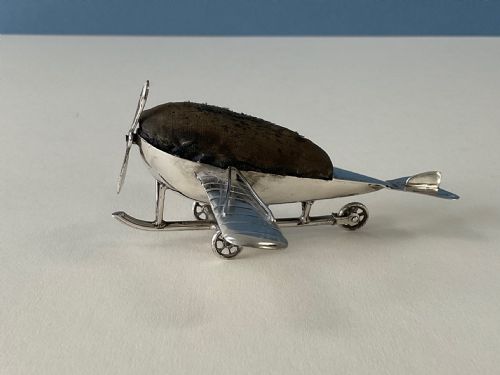 ANTIQUE SILVER NOVELTY PIN CUSHION AEROPLANE - ADDITIONAL PHOTO 3