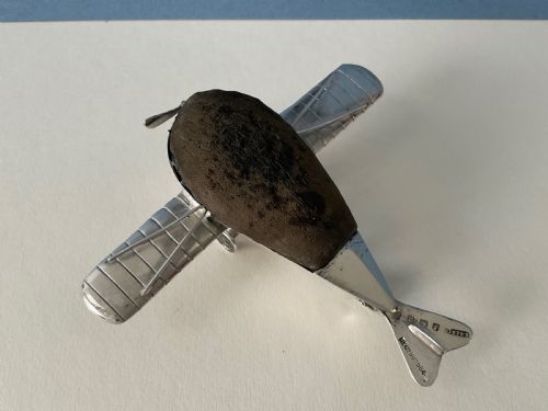 ANTIQUE SILVER NOVELTY PIN CUSHION AEROPLANE - ADDITIONAL PHOTO 5