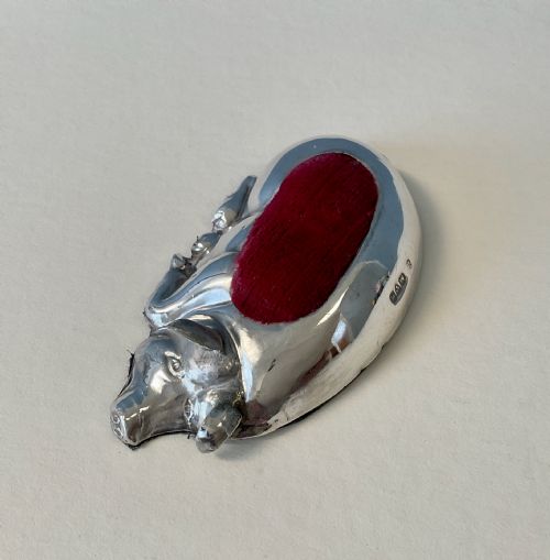 ANTIQUE SILVER RECUMBENT PIG PIN CUSHION - ADDITIONAL PHOTO 3