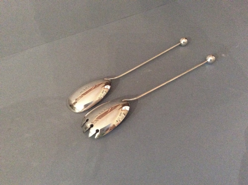 Pair of Antique Solid Silver Edwardian Salad Servers View II