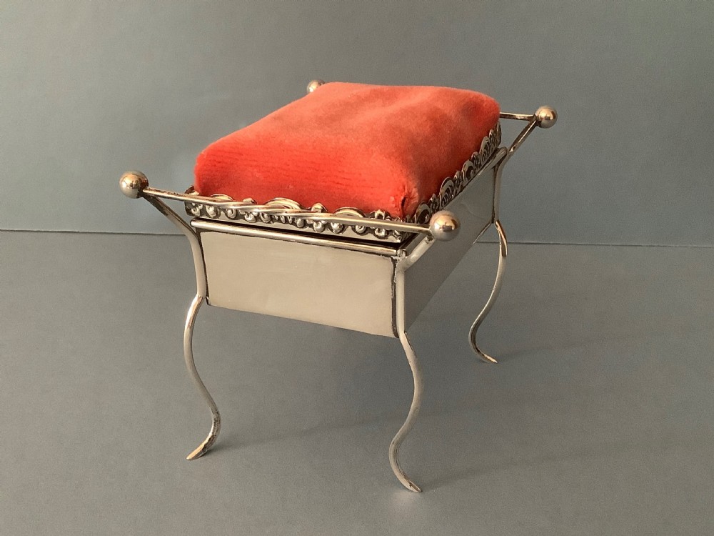 Antique Silver Novelty Piano Stool Pin Cushion / Trinket Box View II