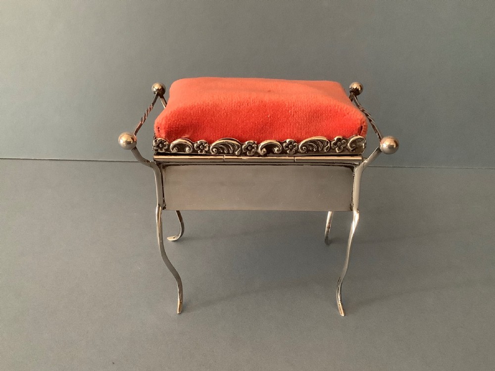 Antique Silver Novelty Piano Stool Pin Cushion / Trinket Box View III