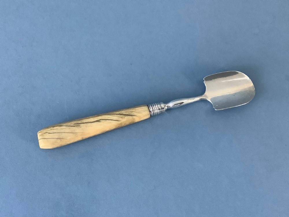 An antique Georgian sterling silver Stilton scoop featuring a spade-shaped hallmarked blade and a tapered smooth bone handle. View V