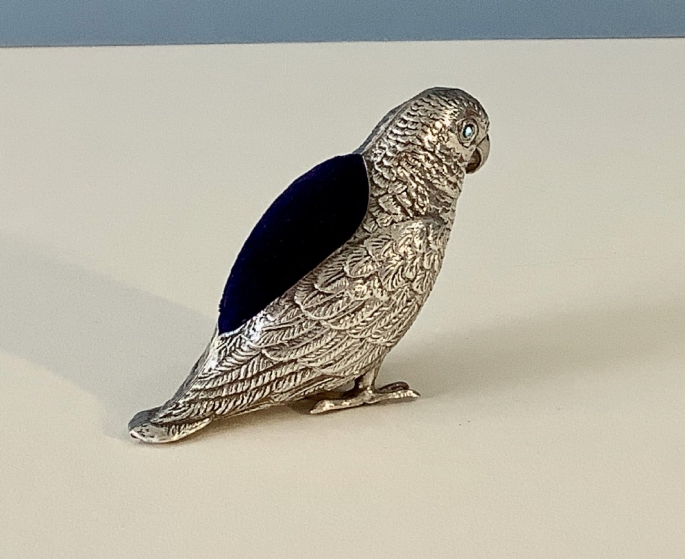 Antique Edwardian Silver Pin Cushion - Parrot View II