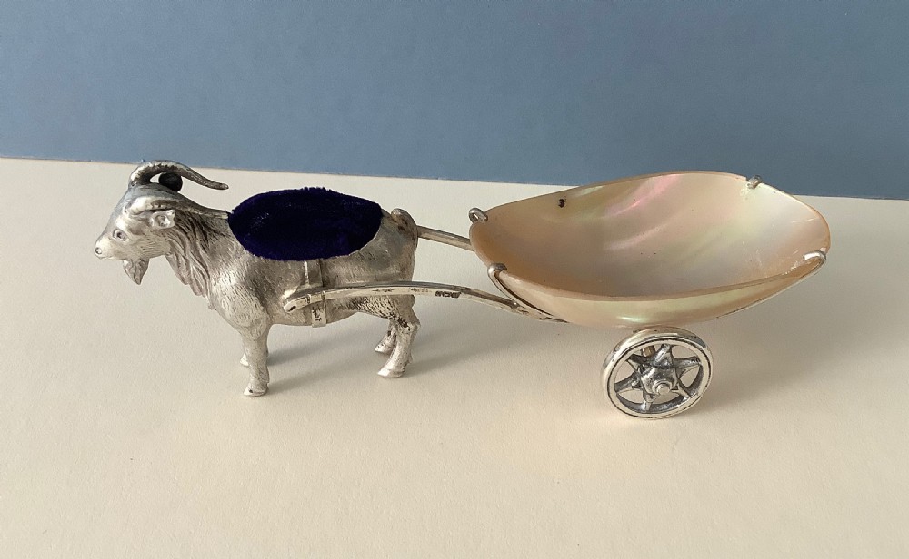 Antique Novelty Silver Pin Cushion - Goat and Cart View II