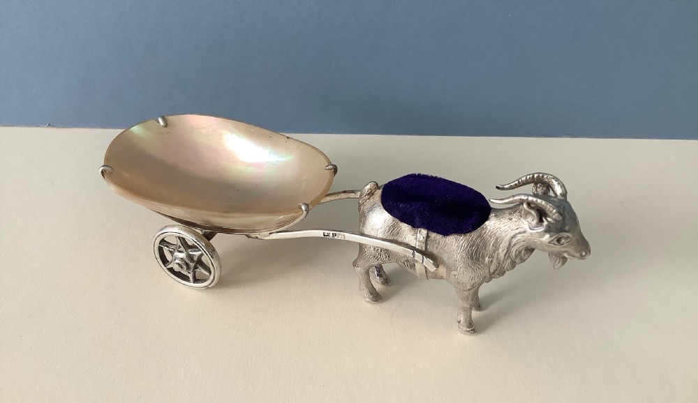 Antique Novelty Silver Pin Cushion - Goat and Cart View VI