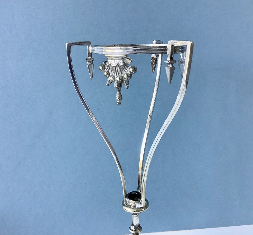 A pair of tall Secessionist silver-plated vases with etched clear glass liners, angular handles, and footed circular bases. View V