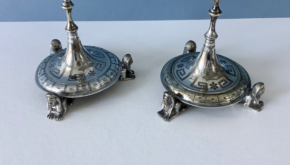 A pair of tall Secessionist silver-plated vases with etched clear glass liners, angular handles, and footed circular bases. View VII