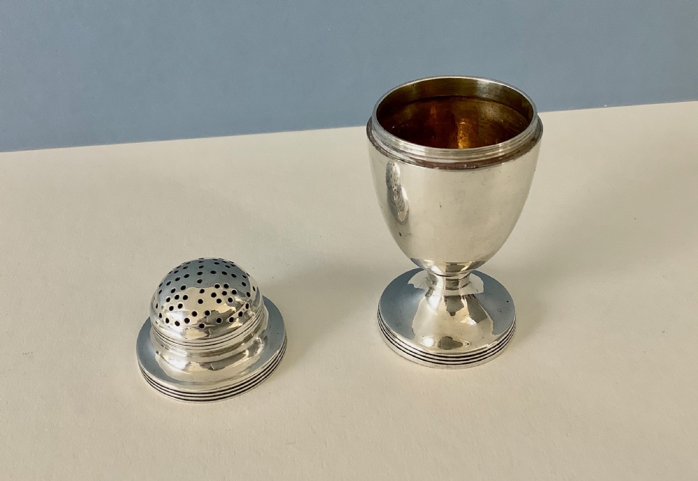 An urn-shaped Victorian silver pounce pot featuring a perforated domed lid, reeded horizontal bands, and a flared pedestal base. View III
