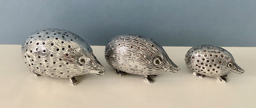 Family of Solid Silver Hedgehog Pin Cushions View II