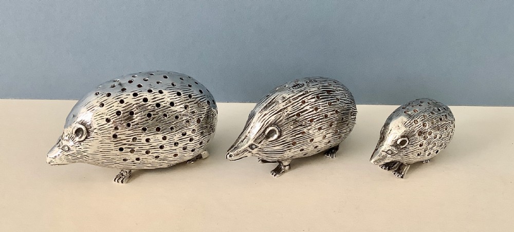 Family of Solid Silver Hedgehog Pin Cushions View III