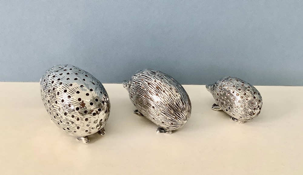 Family of Solid Silver Hedgehog Pin Cushions View IV