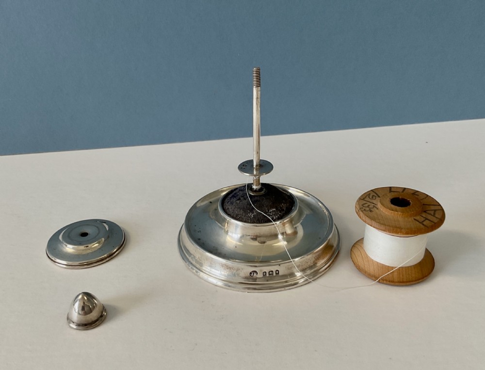 Antique Silver Cotton Reel Pin Cushion View V
