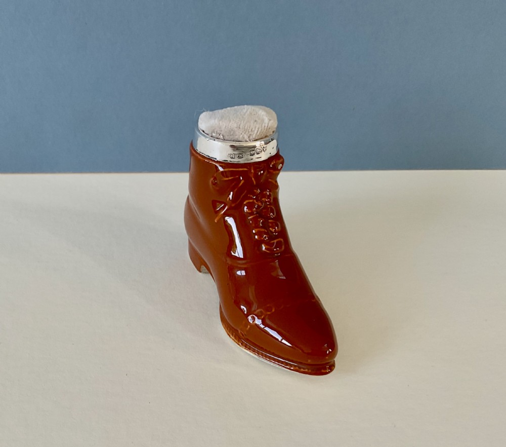 Antique Silver Rimmed Boot Pin Cushion View II