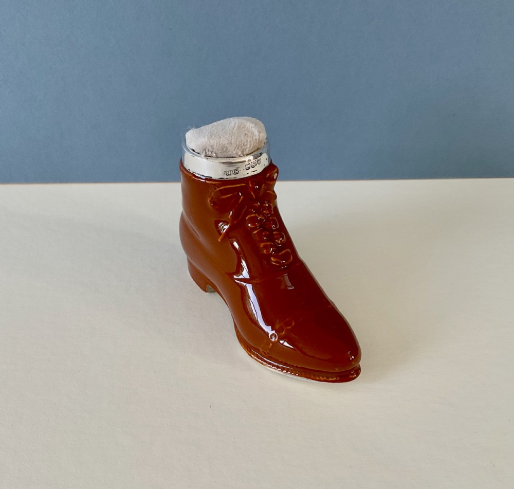 Antique Silver Rimmed Boot Pin Cushion View IV
