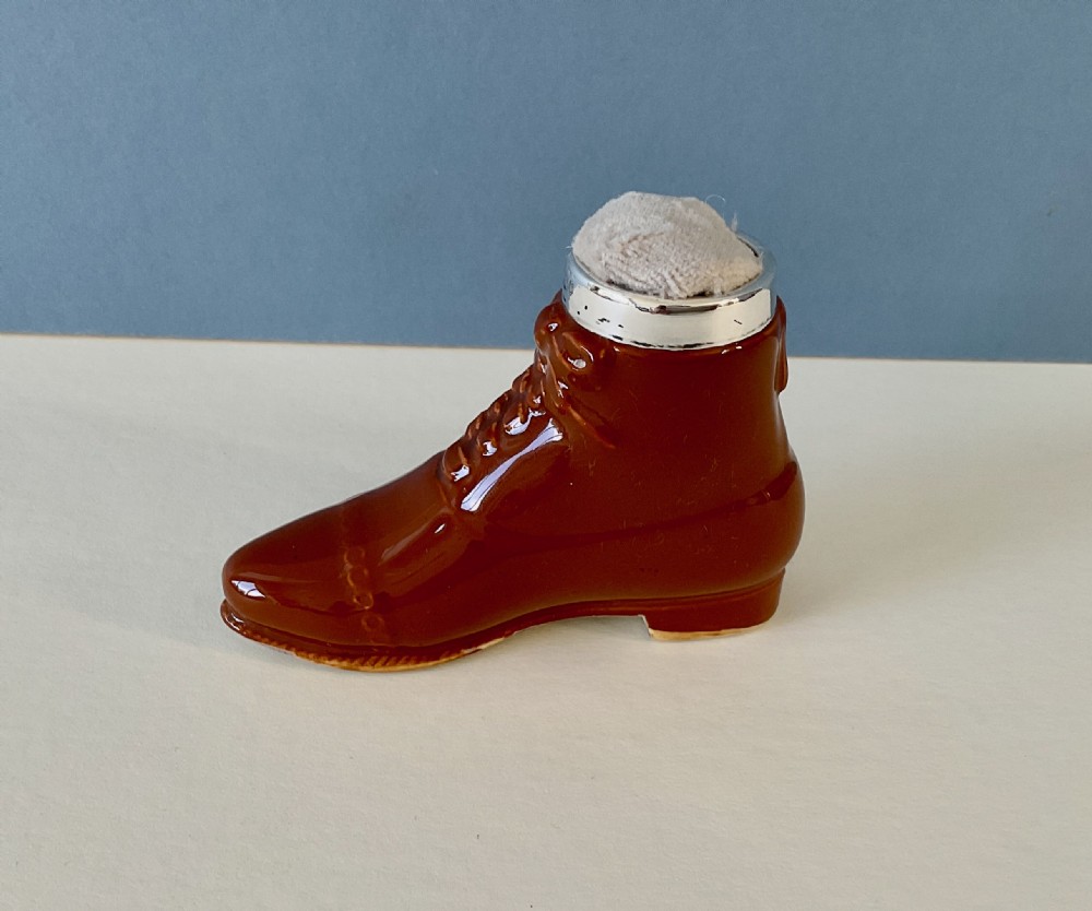 Antique Silver Rimmed Boot Pin Cushion View V