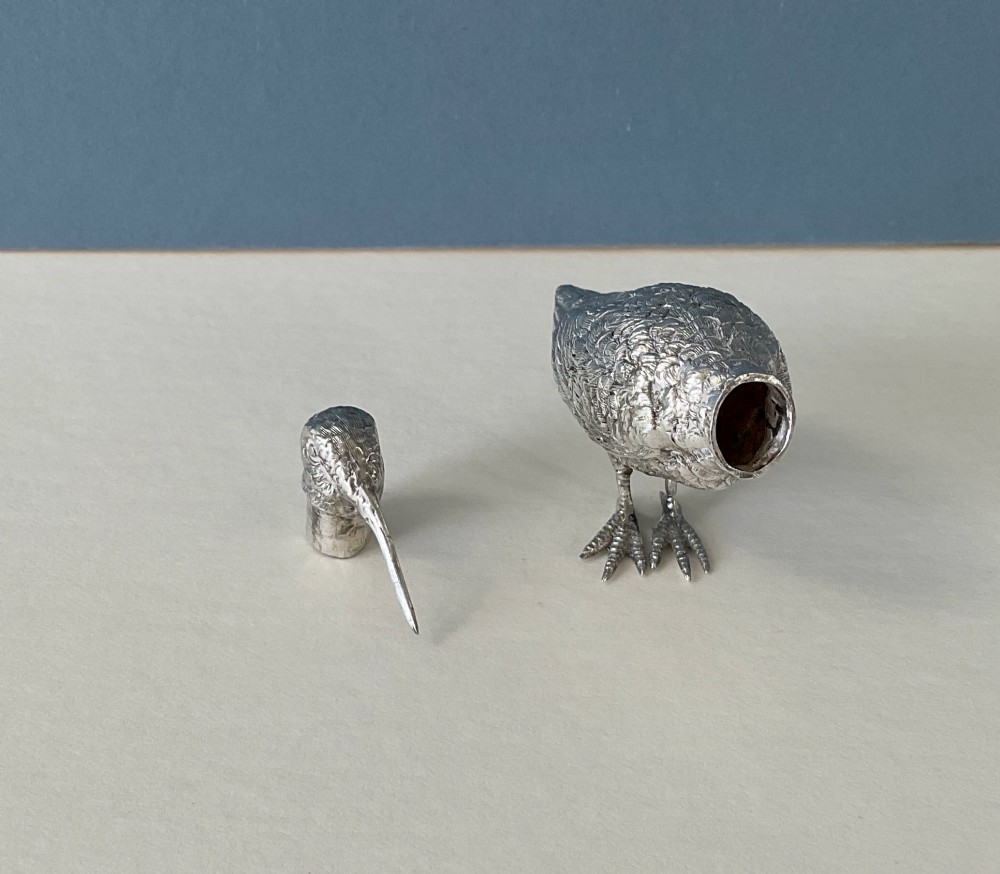 A small silver novelty box sculpted in the form of a standing snipe bird with detailed feather texturing and a long beak. View III