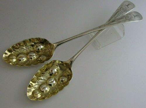 Georgian Sterling Silver Hussey Crested Berry Serving Spoons 1792 Antique 118g