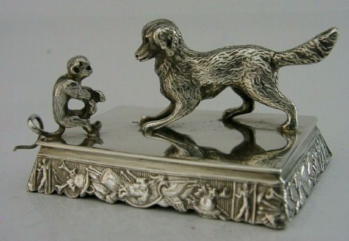 Rare Dutch Solid Silver Miniature Dog & Monkey Diorama Miniature C1890 Antique