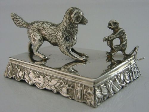fig 1. RARE DUTCH SOLID SILVER MINIATURE DOG & MONKEY DIORAMA MINIATURE c1890 ANTIQUE