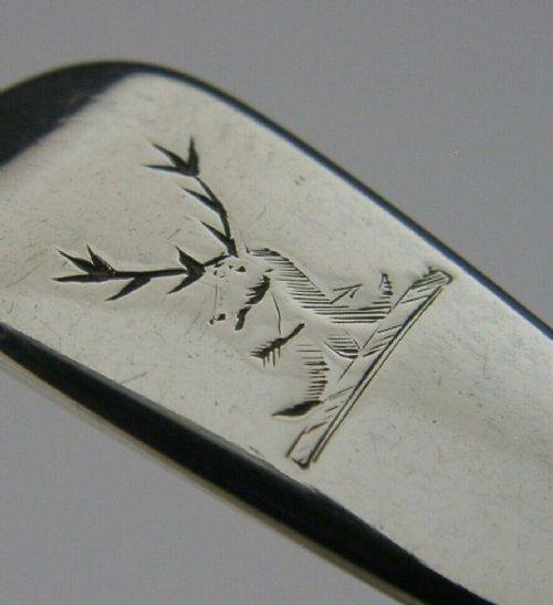 fig 1. STERLING SILVER STAVERTON FAMILY CREST SUGAR SCOOP CADDY SPOON 1861 ANTIQUE