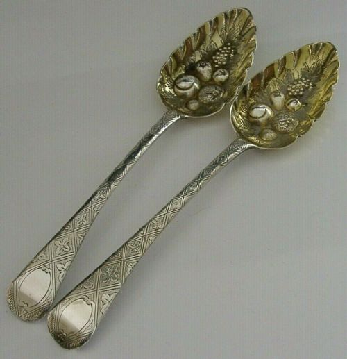 Superb Georgian English Sterling Silver Berry Serving Spoons 1808 Antique 128g