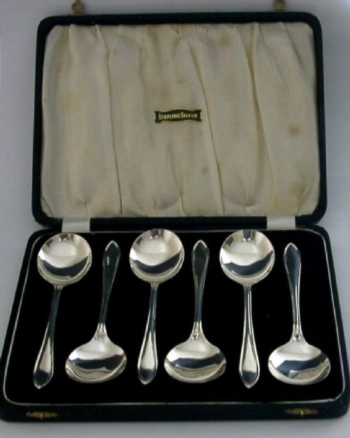 English Art Deco Sterling Silver Dessert Pudding Spoons Cased 1939 Antique 178g