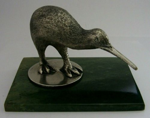 Rare Large New Zealand Silver Plated Kiwi Bird on Jade Figure C1950s Animal