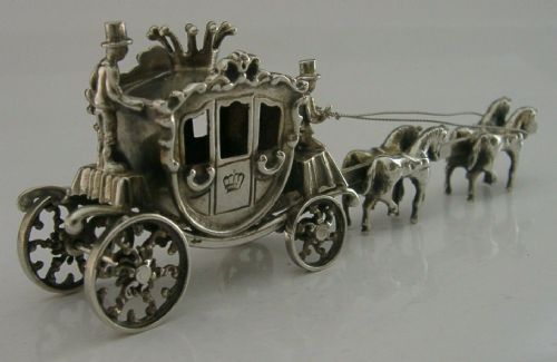 Rare Dutch Solid Silver Large Miniature Horses & Carriage C1950's 5 Inch 67g