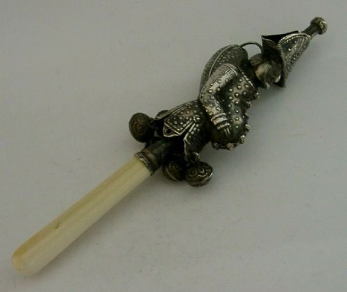 Extremly Rare Solid Silver Mr Punch Whistle Rattle Christening C1800 Antique