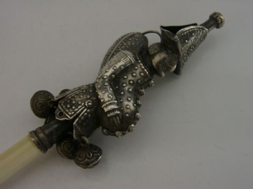 fig 1. EXTREMLY RARE SOLID SILVER MR PUNCH WHISTLE RATTLE CHRISTENING c1800 ANTIQUE