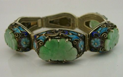Superb Chinese Solid Silver Gilt Enamel and Jade Bracelet C1920 Antique