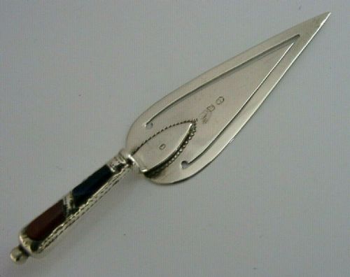 Novelty English Solid Sterling Silver Agate Trowel Bookmark 1896 Antique