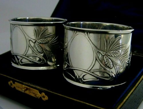 Stunning English Sterling Silver Art Nouveau Pine Cone Napkin Rings 1907 Cased