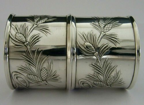 fig 1. STUNNING ENGLISH STERLING SILVER ART NOUVEAU PINE CONE NAPKIN RINGS 1907 CASED