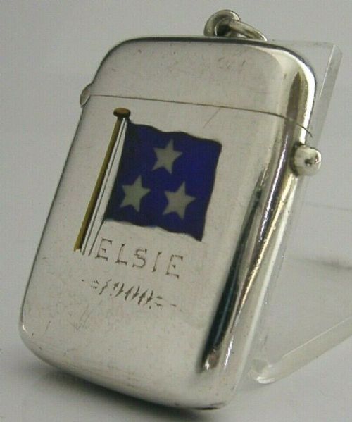 Rare Solid Sterling Silver Enamel Vesta Case Shipping Yachting Flag Elsie 1900