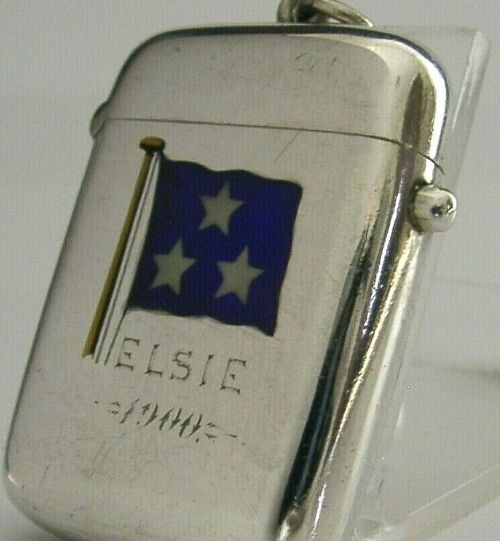 fig 1. RARE SOLID STERLING SILVER ENAMEL VESTA CASE SHIPPING YACHTING FLAG ELSIE 1900