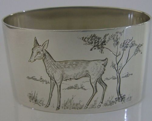 Superb English Solid Sterling Silver Deer Animal Napkin Ring 1967