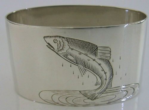 Superb English Solid Sterling Silver Leaping Salmon Napkin Ring 1964 Fishing